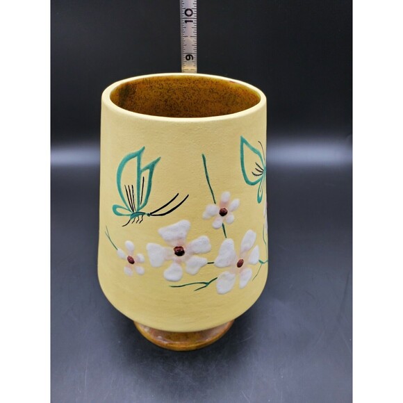MCM Large Footed Ceramic Yellow Vase with Dogwood Flowers & Butterflies - Picture 11 of 12